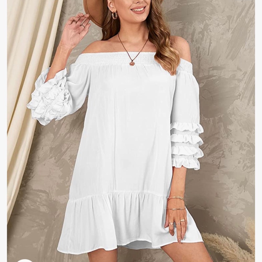 Boho Off The Shoulder White Ruffle Mini 100% cotton Dress NEW! Size Small